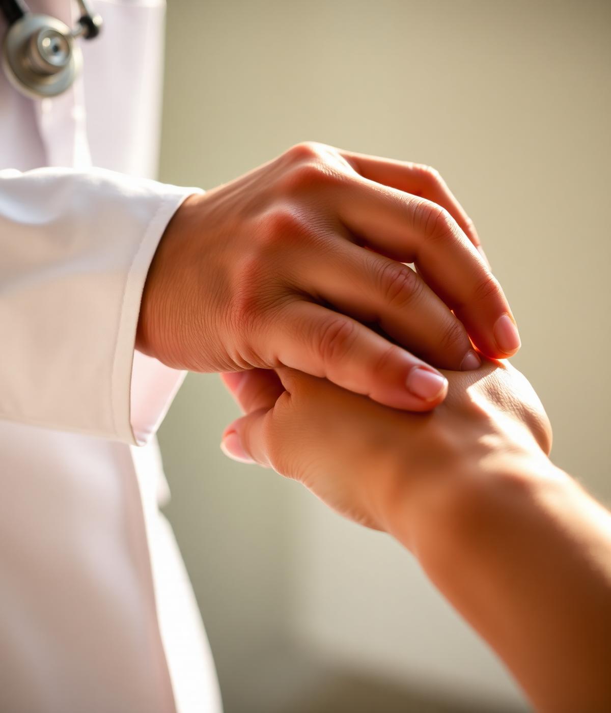 A clinician's hands holding a patient's hand
